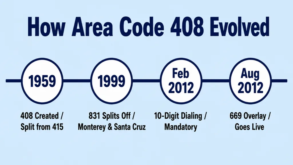 Light sky blue background with bold dark navy title "How Area Code 408 Evolved". Four white circles with thick dark navy borders connected by a dark navy horizontal line. Circle 1: 1959 — 408 Created, Split from 415. Circle 2: 1999 — 831 Splits Off, Monterey and Santa Cruz. Circle 3: Feb 2012 — 10-Digit Dialing, Mandatory. Circle 4: Aug 2012 — 669 Overlay, Goes Live. Years in bold navy inside circles, event labels in dark text below.