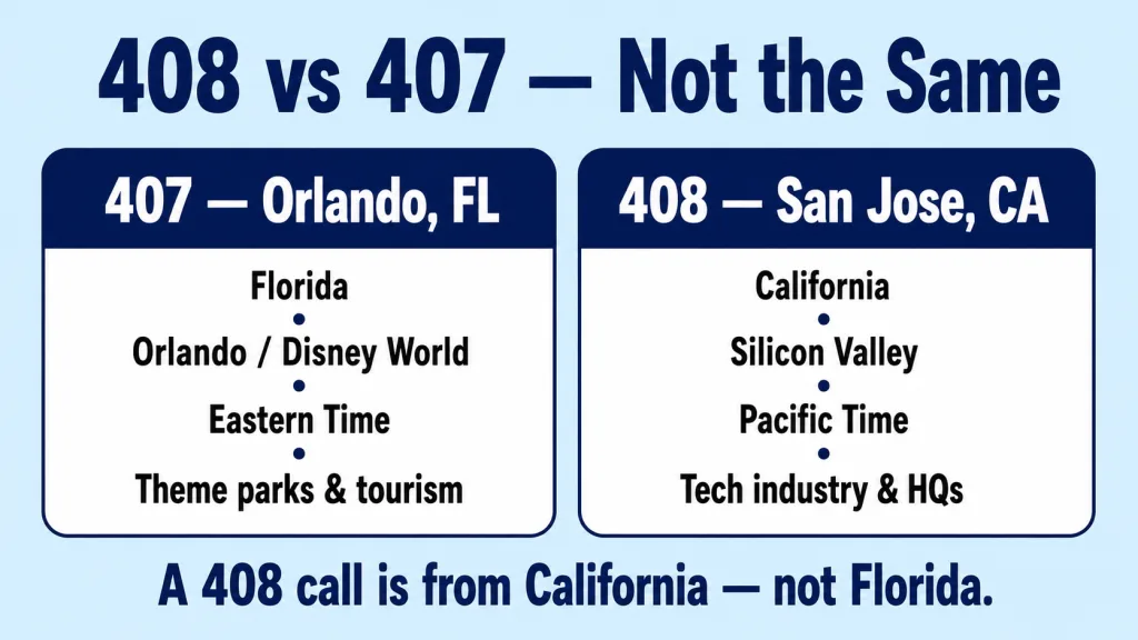 Light sky blue background with bold dark navy title "408 vs 407 — Not the Same". Two large rounded rectangles side by side: left rectangle has dark navy header "407 — Orlando, FL" with content: Florida · Orlando / Disney World · Eastern Time · Theme parks and tourism. Right rectangle has dark navy header "408 — San Jose, CA" with content: California · Silicon Valley · Pacific Time · Tech industry. Below both: "A 408 call is from California — not Florida."
