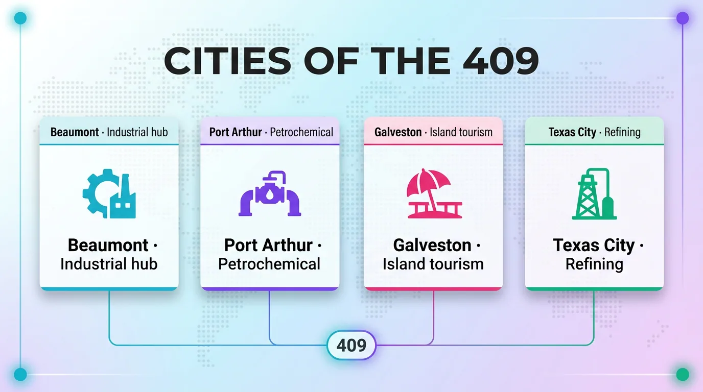 Infographic of major 409 cities: Beaumont industrial hub, Port Arthur petrochemical, Galveston island tourism, Texas City refining