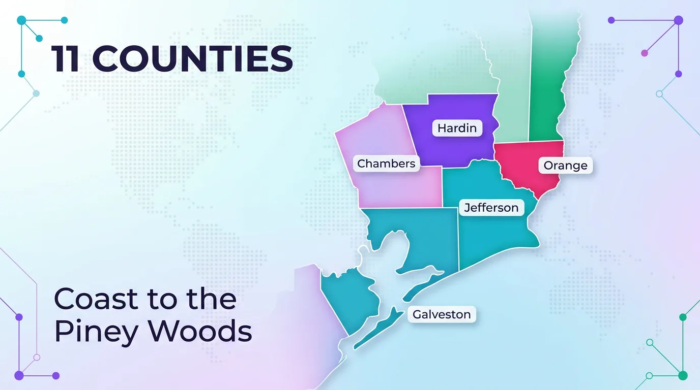 Map of the eleven 409 counties stretching from the Gulf Coast to the Piney Woods, including Jefferson, Galveston, Orange, Hardin and Chambers