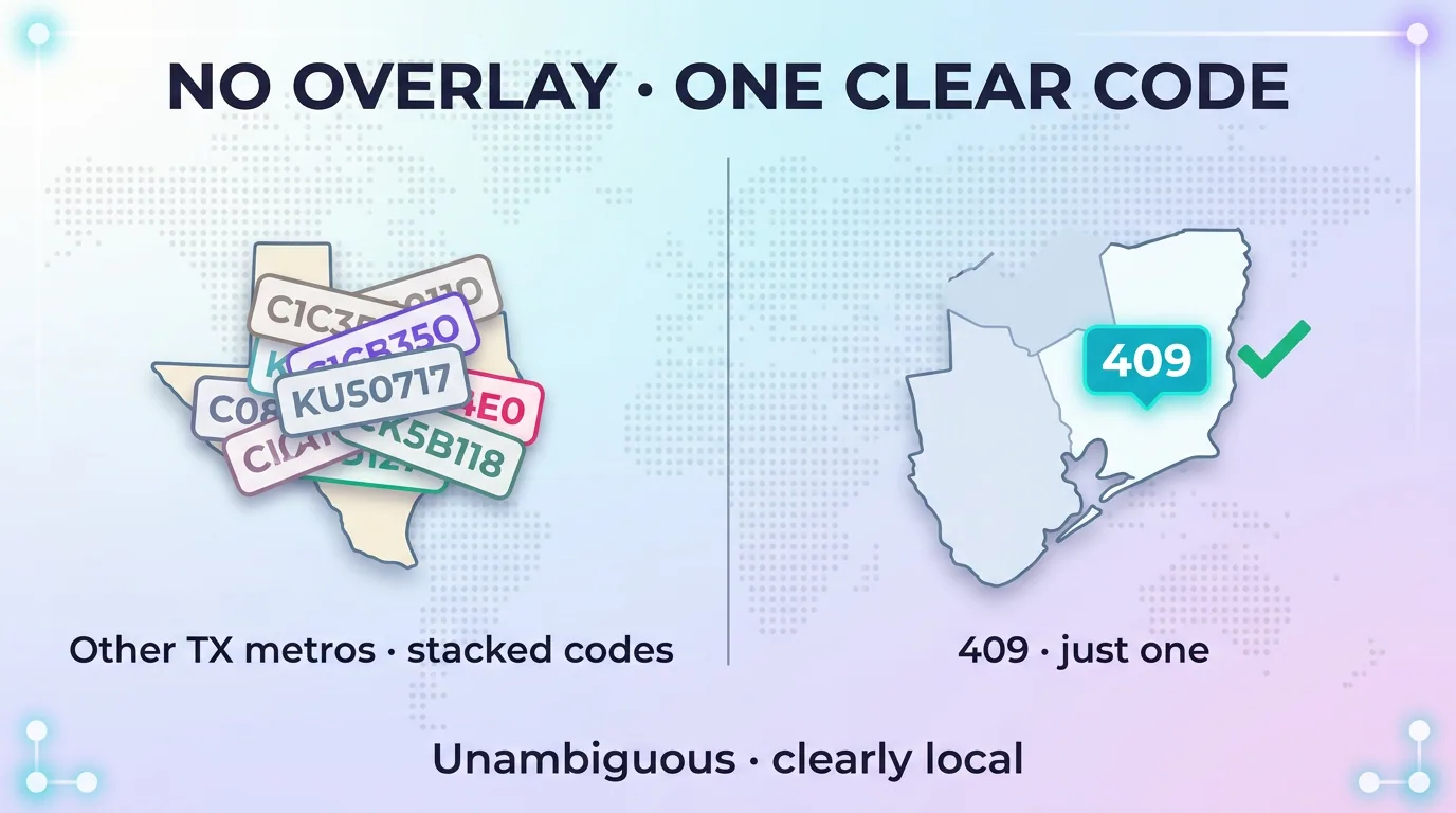 Infographic contrasting other Texas metros with stacked area codes against 409 as one clear, unambiguous code with no overlay
