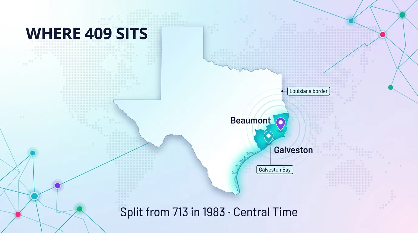 Map of where the 409 area code sits in Southeast Texas, split from 713 in 1983, on Central Time