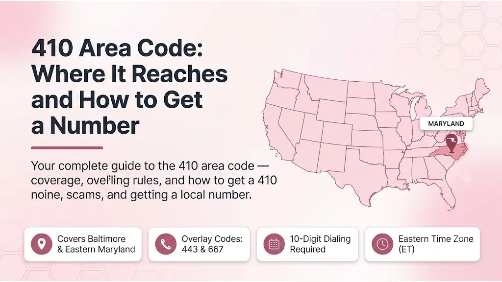 410 area code infographic showing Baltimore, Annapolis, and the Eastern Shore on a map of eastern Maryland