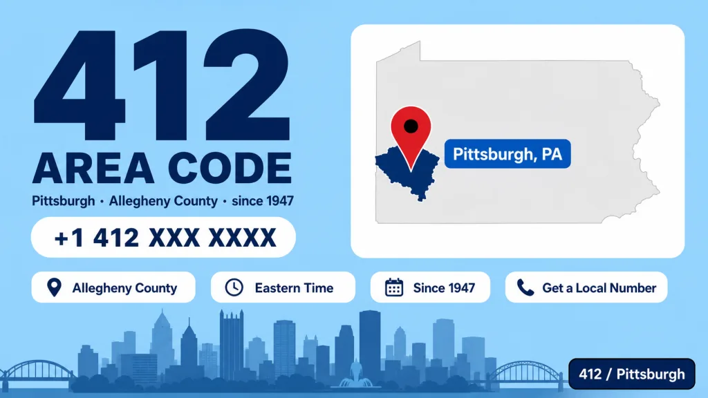 Illustrated map of Pittsburgh and Allegheny County with the 412 area code highlighted, red pin on Pittsburgh's Golden Triangle