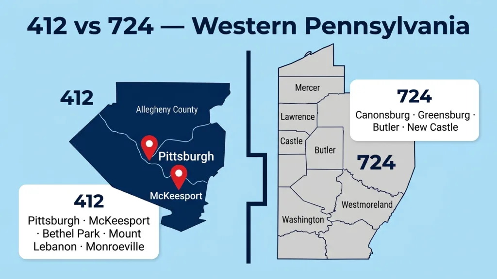Light sky blue background map of western Pennsylvania split into two regions: 412 covering Pittsburgh and Allegheny County in deep navy blue with red pins, and 724 covering surrounding suburban and rural counties in light gray, with white rounded rectangle cards listing major cities in each zone