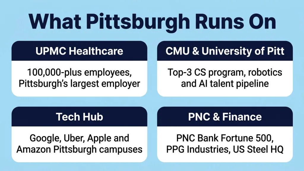 Light sky blue background with bold dark navy title "What Pittsburgh Runs On". Four rounded squares in 2x2 layout, each with a dark navy header bar and white bold text, content in dark text below. Top-left: "UPMC Healthcare" — 100,000-plus employees, Pittsburgh's largest employer. Top-right: "CMU and University of Pitt" — Top-3 CS program, 20% of US robotics talent. Bottom-left: "Tech Hub" — Google, Uber, Apple and Amazon Pittsburgh campuses. Bottom-right: "PNC and Finance" — PNC Bank Fortune 500, PPG Industries, US Steel HQ.