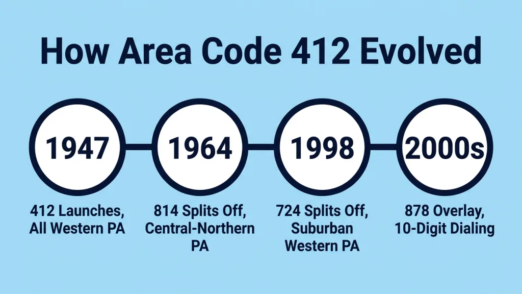 Light sky blue background with bold dark navy title "How Area Code 412 Evolved". Four white circles with dark navy borders on a dark navy horizontal line. Circle 1: 1947 — 412 Launches, All Western PA. Circle 2: 1964 — 814 Splits Off, Central-Northern PA. Circle 3: 1998 — 724 Splits Off, Suburban Western PA. Circle 4: 2000s — 878 Overlay, 10-Digit Dialing.