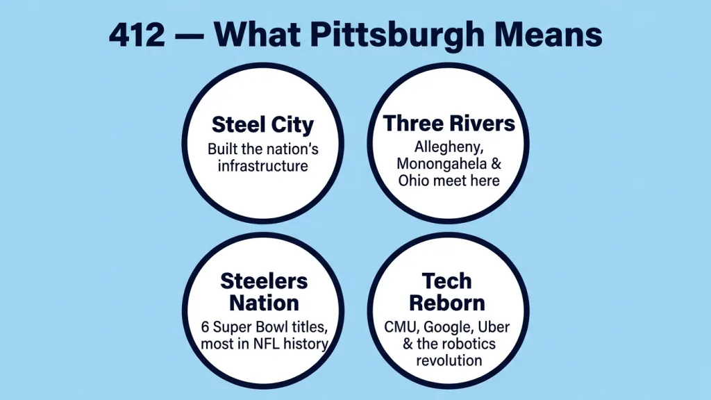 Light sky blue background with bold dark navy title "412 — What Pittsburgh Means". Four large white circles arranged in a 2x2 pattern, each with a dark navy border. Top-left circle: "Steel City" with text "Built the nation's infrastructure". Top-right circle: "Three Rivers" with text "Allegheny, Monongahela and Ohio meet here". Bottom-left circle: "Steelers Nation" with text "6 Super Bowl titles, most in NFL history". Bottom-right circle: "Tech Reborn" with text "CMU, Google, Uber and the robotics revolution".