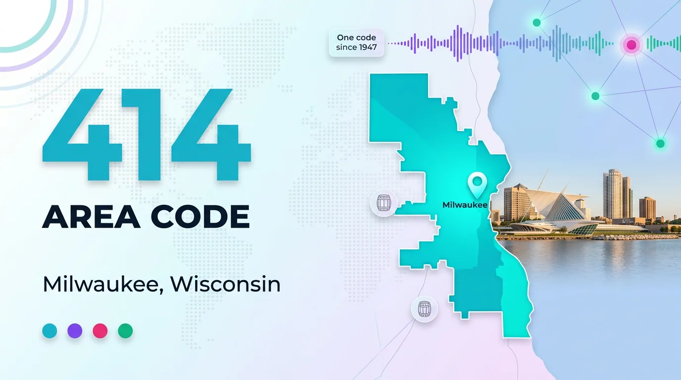 414 area code infographic for Milwaukee, Wisconsin — one code since 1947, Central Time