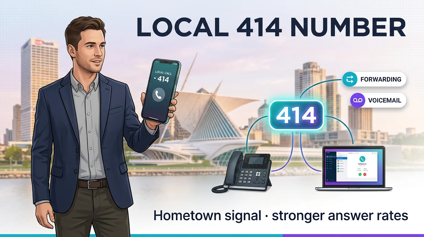 Local 414 number with call forwarding and voicemail across desk phone, mobile, and laptop — a hometown signal with stronger answer rates