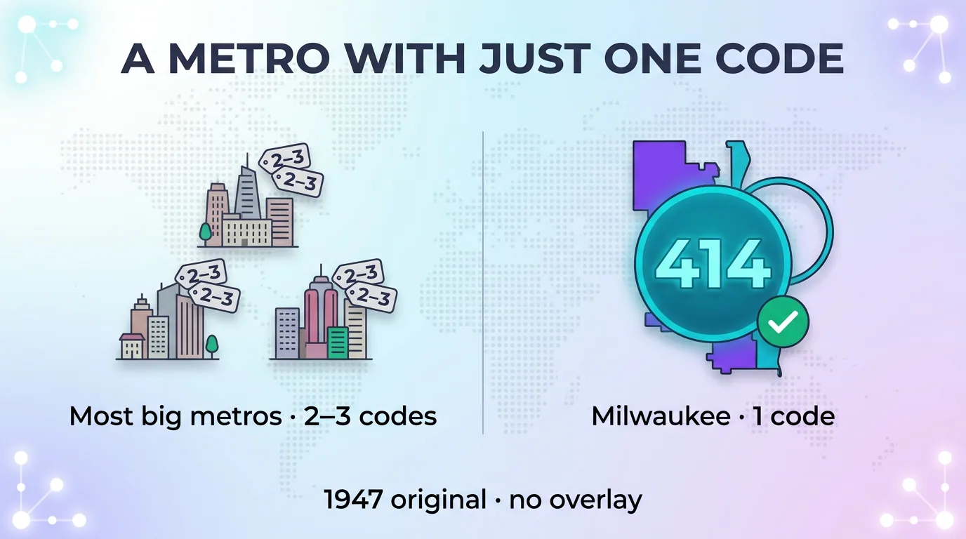 A metro with just one code — most big metros have 2–3 codes while Milwaukee has only 414, a 1947 original with no overlay
