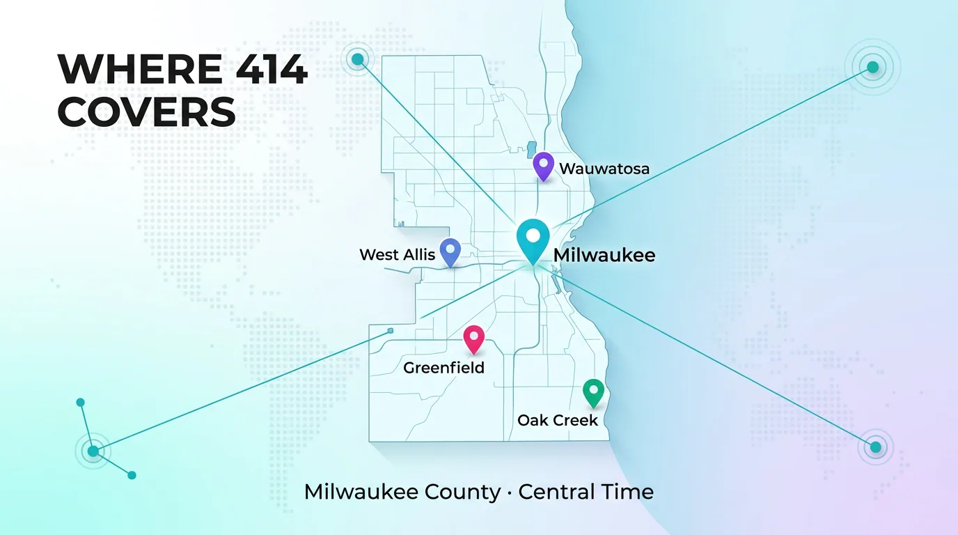Map showing where 414 covers — Milwaukee, Wauwatosa, West Allis, Greenfield, and Oak Creek in Milwaukee County, Central Time