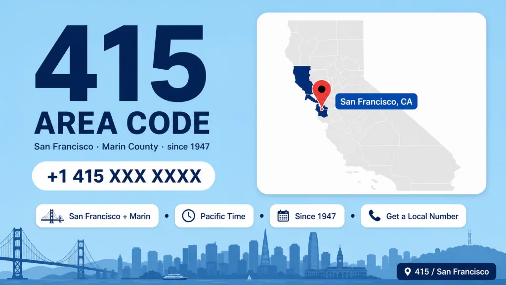 Illustrated map of San Francisco and Marin County with the 415 area code highlighted, red pin on San Francisco's downtown core