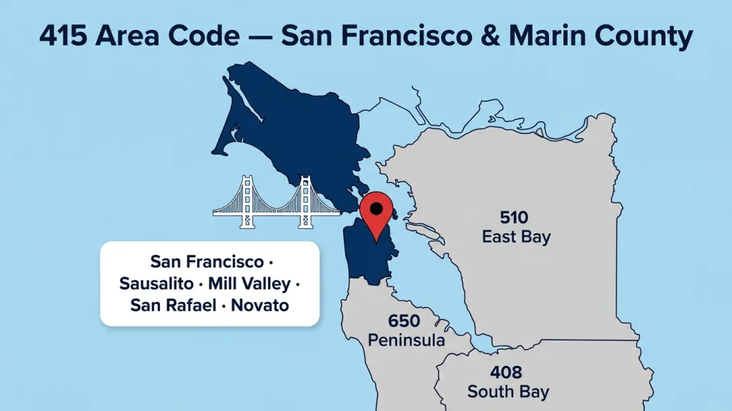 Light sky blue background map of the San Francisco Bay Area, with San Francisco city and county and Marin County highlighted in deep navy blue, large red pin with black dot on downtown San Francisco, white rounded rectangle cards listing SF neighborhoods and Marin cities, and adjacent area codes labeled in light gray: 510 for East Bay, 650 for Peninsula, 408 for South Bay, 628 overlay shown as dashed border around 415 zone