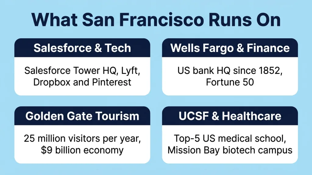 Light sky blue background with bold dark navy title "What San Francisco Runs On". Four rounded squares in a 2x2 layout, each with a dark navy header bar with white bold text and dark navy content below. Top-left square: header "Salesforce & Tech", content: Salesforce Tower HQ, Lyft, Dropbox, Pinterest, Square. Top-right square: header "Wells Fargo & Finance", content: US bank HQ since 1852, Fortune 50, 220,000-plus employees. Bottom-left square: header "Golden Gate Tourism", content: 25 million visitors per year, dollar-sign 9 billion annual tourism economy. Bottom-right square: header "UCSF & Healthcare", content: Top-5 US medical school, 30,000-plus employees, Mission Bay research campus.