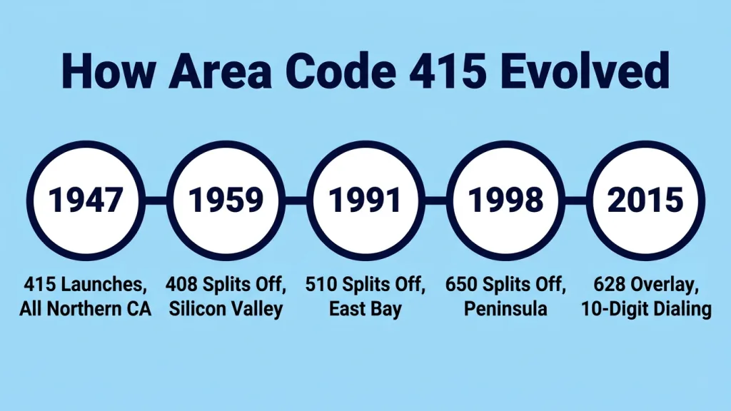 Light sky blue background with bold dark navy title "How Area Code 415 Evolved". Five white circles with thick dark navy borders on a dark navy horizontal line, evenly spaced. Circle 1: 1947 — 415 Launches, All Northern CA. Circle 2: 1959 — 408 Splits Off, Silicon Valley. Circle 3: 1991 — 510 Splits Off, East Bay. Circle 4: 1998 — 650 Splits Off, Peninsula. Circle 5: 2015 — 628 Overlay, 10-Digit Dialing. Years in bold dark navy inside each circle, labels below in dark text.