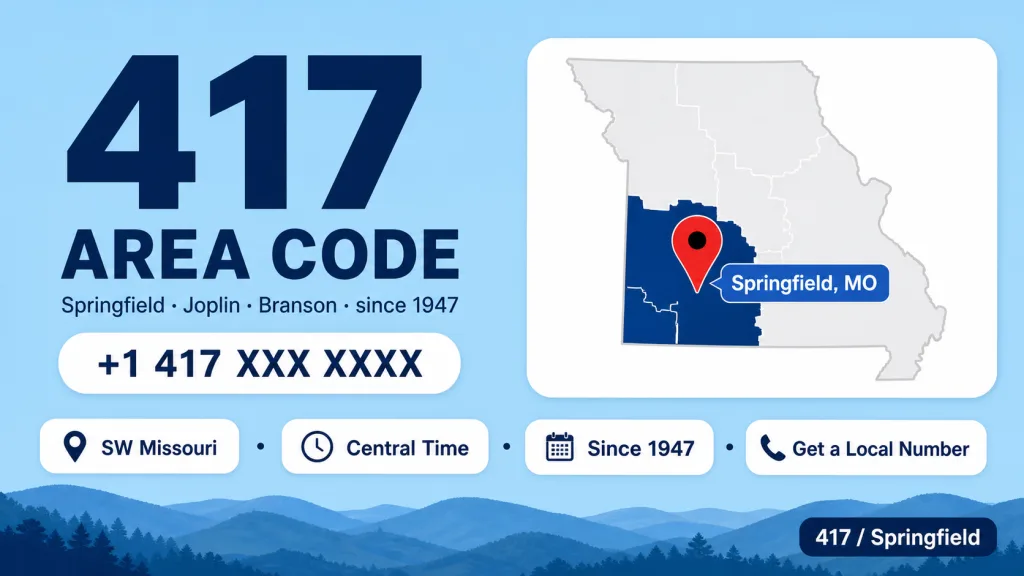 Illustrated map of southwestern Missouri with the 417 area code covering Springfield, Joplin, and Branson, red pin on Springfield