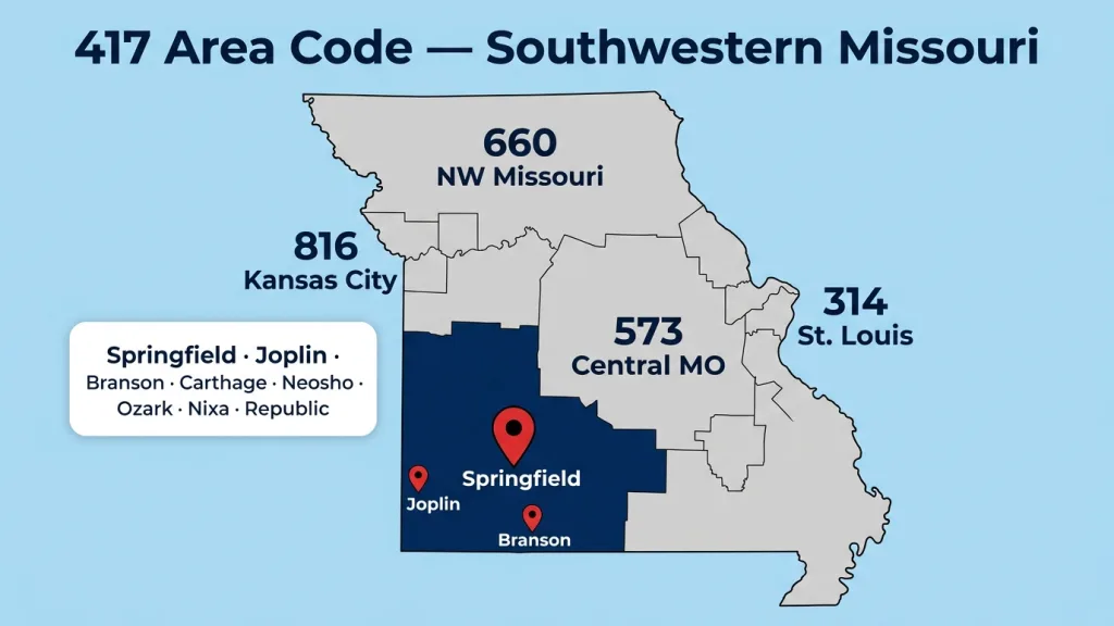 Light sky blue background map of Missouri with the southwestern region filled in deep navy blue labeled 417, large red pin with black dot on Springfield, smaller red pins on Joplin and Branson, white rounded rectangle card listing Springfield · Joplin · Branson · Carthage · Neosho · Ozark · Nixa · Republic. The rest of Missouri in light gray with 314, 573, 816, and 660 labeled in their respective regions. Dark navy bold title at top: "417 Area Code — Southwestern Missouri".