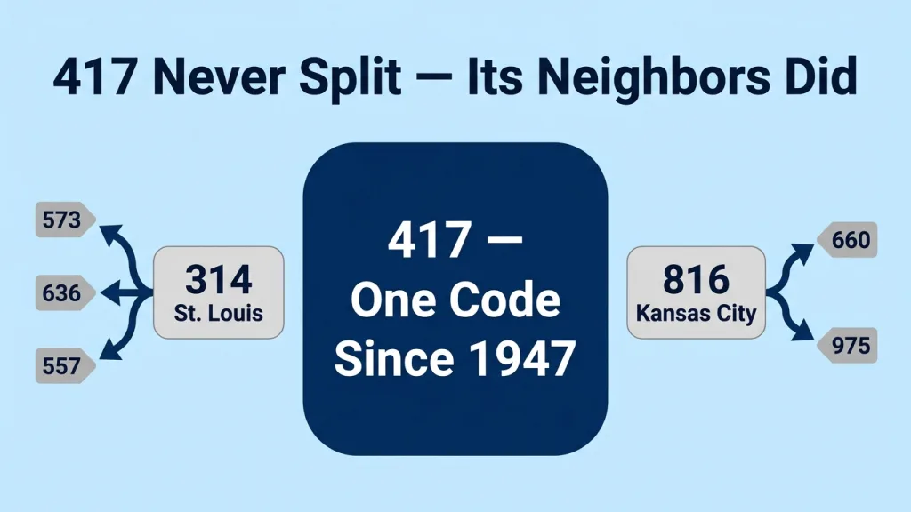Light sky blue background with bold dark navy title "417 Never Split — Its Neighbors Did". In the center, one large solid deep navy rounded square with white bold text "417 — One Code Since 1947". On the left, a lighter gray rounded rectangle "314 St. Louis" with small branch arrows splitting off to smaller tags "573", "636", "557". On the right, a gray rounded rectangle "816 Kansas City" with branch arrows splitting to "660", "975". The center 417 square stands solid and unbroken while the side codes visibly fragment. Dark navy labels throughout.