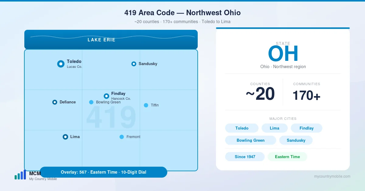 Map of 419 area code coverage across northwest Ohio — Toledo as the anchor city plus 20 counties including Lucas, Wood, Hancock, Allen, and Erie, with Lake Erie on the north edge