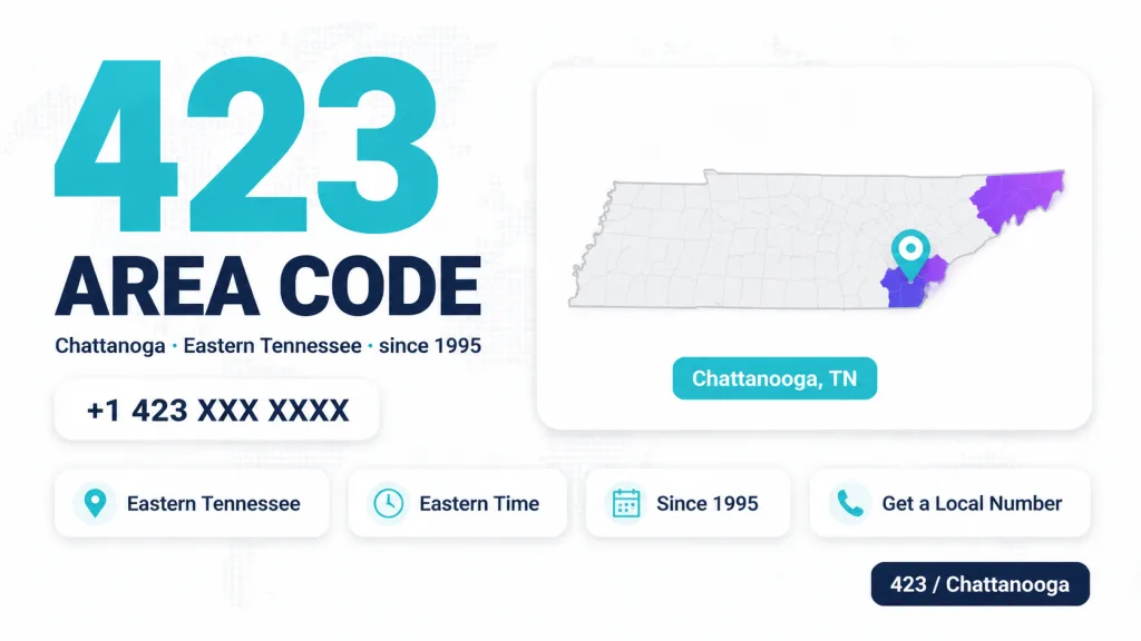 Illustrated map of eastern Tennessee with 423 area code covering Chattanooga and the Tri-Cities, teal location pin on Chattanooga
