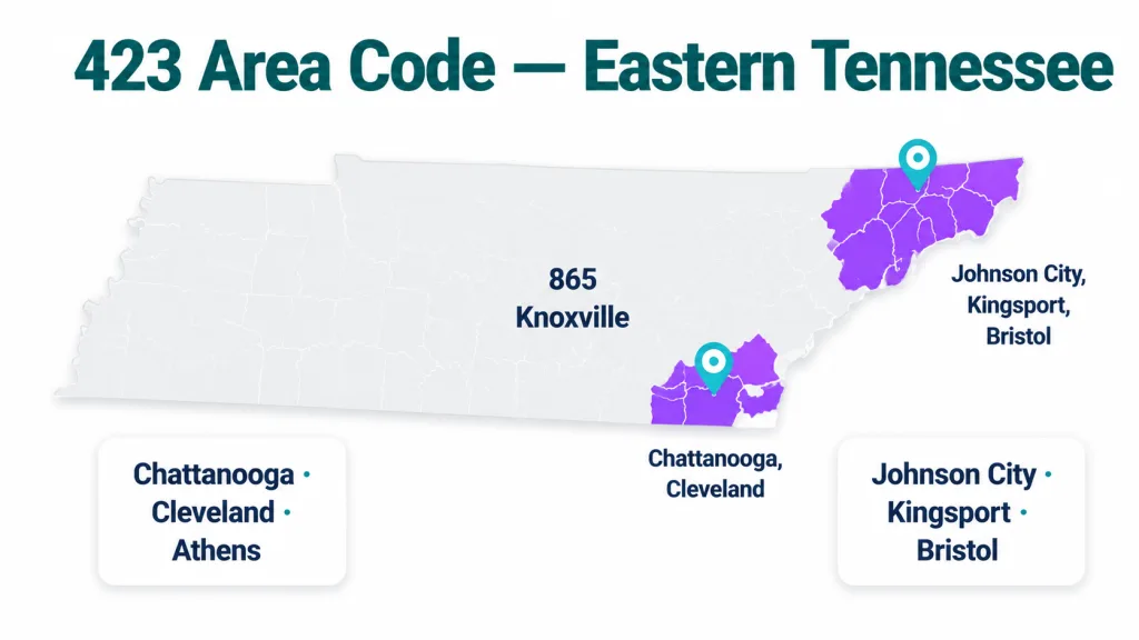 White background map of Tennessee with two separate deep purple-violet highlighted regions both labeled 423: one in the southeast corner covering Chattanooga and Cleveland, one in the northeast corner covering Johnson City, Kingsport, and Bristol. The middle of the state shows 865 Knoxville between them in light gray. Teal location pins on Chattanooga and Johnson City. Dark teal title at top: "423 Area Code — Eastern Tennessee". White rounded card listing cities in each cluster.