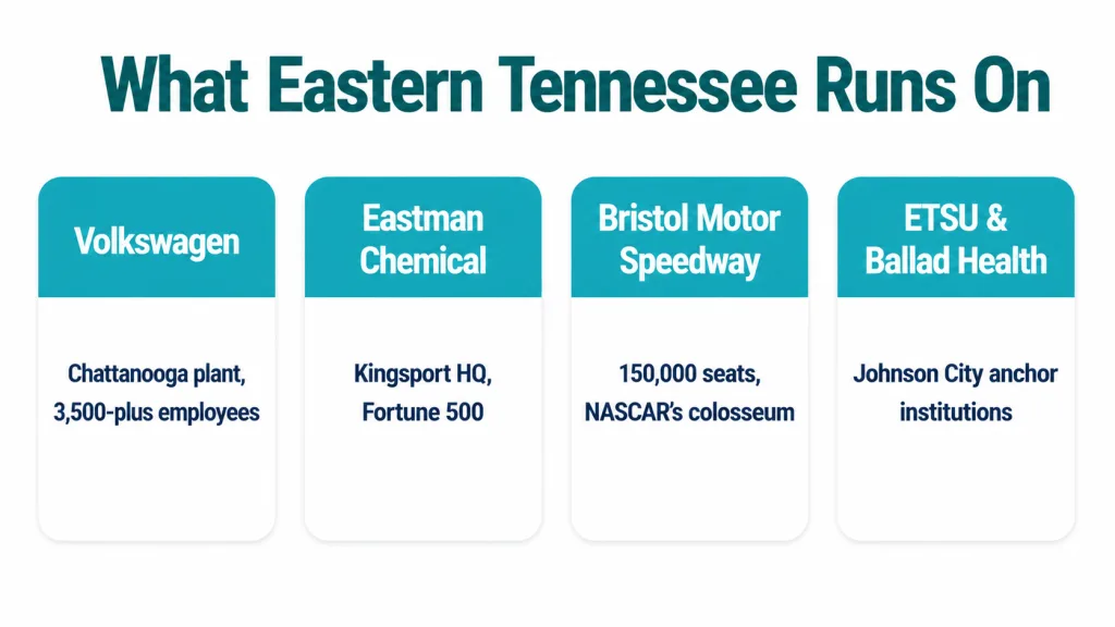 White background with bold dark teal title "What Eastern Tennessee Runs On". Four tall vertical rounded-rectangle panels side by side, each with a teal cap bar at the top with white bold text and one short line of dark navy content below. Panel 1: cap "Volkswagen", content: Chattanooga plant, 3,500-plus employees. Panel 2: cap "Eastman Chemical", content: Kingsport HQ, Fortune 500. Panel 3: cap "Bristol Motor Speedway", content: 150,000 seats, NASCAR's colosseum. Panel 4: cap "ETSU and Ballad Health", content: Johnson City anchor institutions.