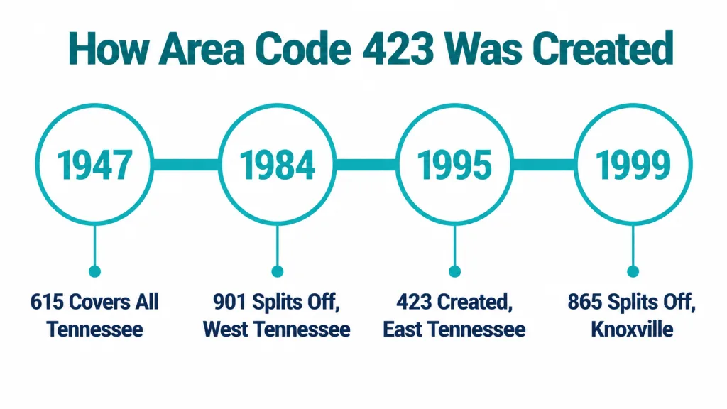 White background with bold dark teal title "How Area Code 423 Was Created". Four white circles with teal borders on a teal horizontal line. Circle 1: 1947 — 615 Covers All Tennessee. Circle 2: 1984 — 901 Splits Off, West Tennessee. Circle 3: Nov 1995 — 423 Created, East Tennessee. Circle 4: 1999 — 865 Splits Off, Knoxville. Years in teal inside circles, labels in dark navy below.