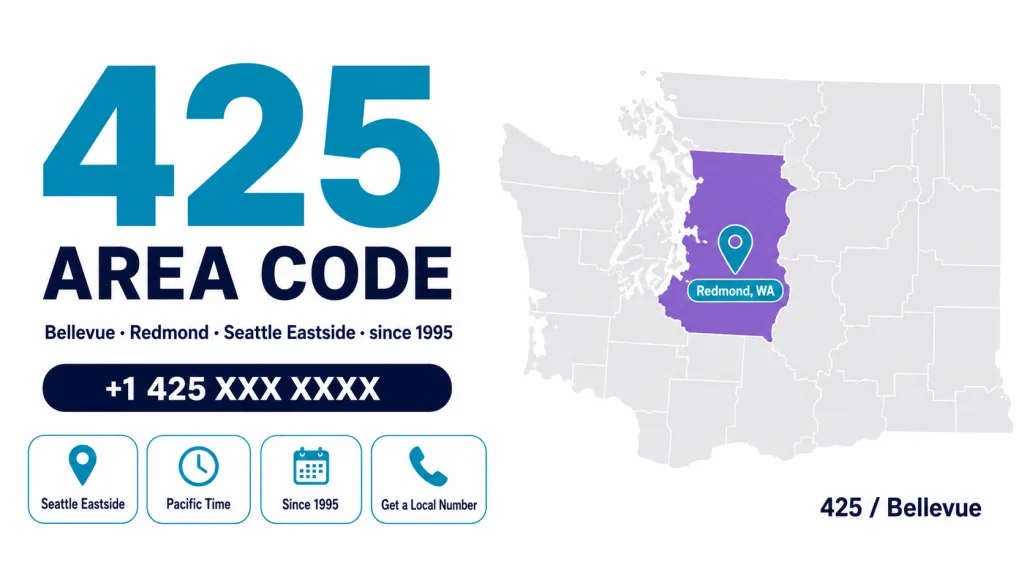 Illustrated Seattle Eastside map with 425 area code covering Bellevue and Redmond, teal pin on Microsoft's Redmond campus