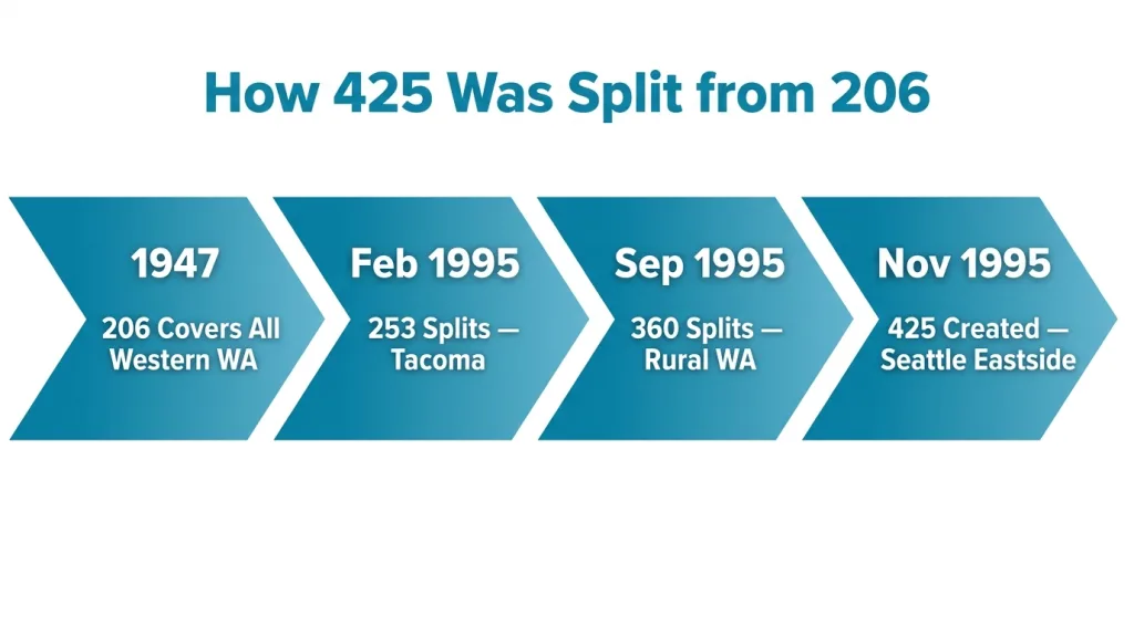 White background. Bold dark teal title at top: "How 425 Was Split from 206". Four large rightward-pointing chevron arrow shapes in a single row across the image, each filled in TEAL gradient. Inside each arrow, bold white year text at top and short white label below. Arrow 1: "1947" / "206 Covers All Western WA". Arrow 2: "Feb 1995" / "253 Splits, Tacoma". Arrow 3: "Sep 1995" / "360 Splits, Rural WA". Arrow 4: "Nov 1995" / "425 Created, Seattle Eastside". Arrows flow left to right across the image, no circles, no boxes.
