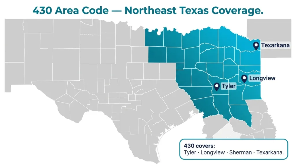 Coverage map of Texas with the northeast 430/903 overlay counties highlighted in a teal-to-cyan gradient with visible county boundary lines, dark-navy pins on Tyler, Longview, and Texarkana