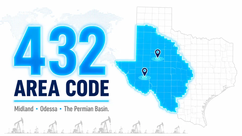 Texas map with the Permian Basin highlighted and pins on Midland and Odessa beside a glowing 432 area code number