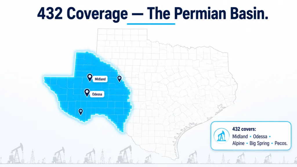 White background atlas-style map of Texas with county lines, the Permian Basin 432 region highlighted in glowing electric blue, labeled pins on Midland and Odessa, and a small info card listing covered cities