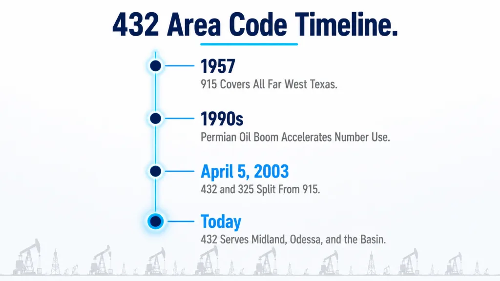 White background timeline titled "432 Area Code Timeline" with a vertical glowing electric-blue line connecting four milestones: 1957 "915 Covers All Far West Texas," 1990s "Permian Oil Boom Accelerates Number Use," April 5, 2003 "432 and 325 Split From 915," and Today "432 Serves Midland, Odessa, and the Basin"