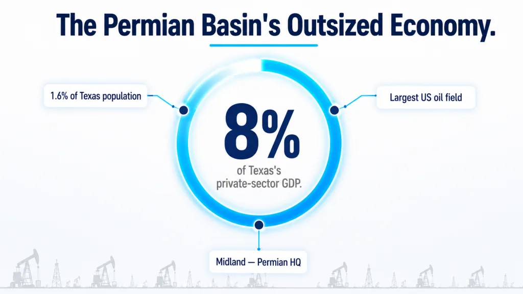 White background with a glowing electric-blue ring chart titled "The Permian Basin's Outsized Economy," showing "8% of Texas's private-sector GDP" at center with three orbiting labels: 1.6% of Texas population, Largest US oil field, and Midland — Permian HQ