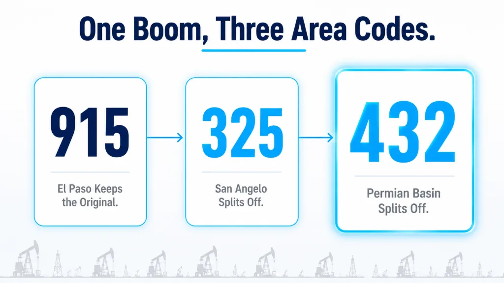 White background with three rounded cards titled "One Boom, Three Area Codes": 915 "El Paso Keeps the Original," 325 "San Angelo Splits Off," and a larger glowing 432 card "Permian Basin Splits Off," connected by arrows left to right