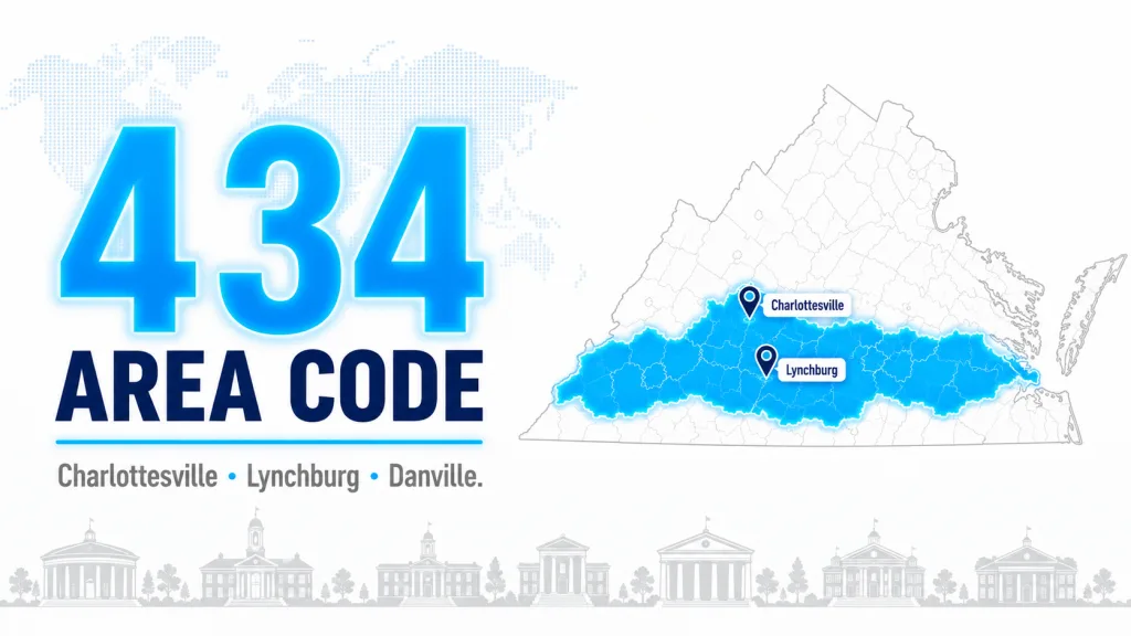 Virginia map with the south-central region highlighted and pins on Charlottesville and Lynchburg beside a 434 area code number