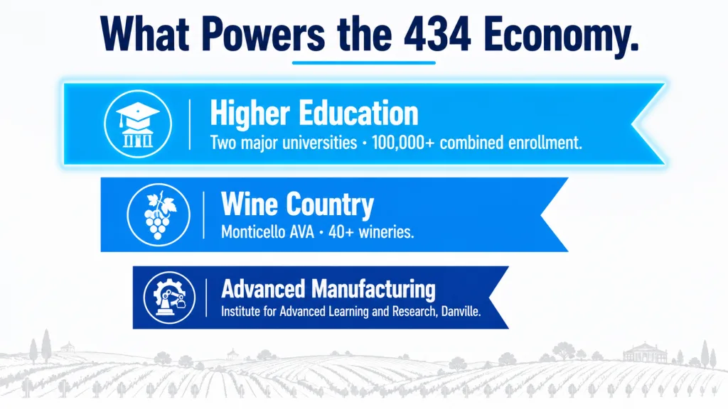 White background with three horizontal ribbon banners stacked and decreasing in width from top to bottom, each ribbon a different shade of blue containing an industry name and stat: Higher Education (two major universities, over 100,000 combined enrollment), Wine Country (Monticello AVA, 40-plus wineries), and Advanced Manufacturing (Institute for Advanced Learning and Research, Danville)