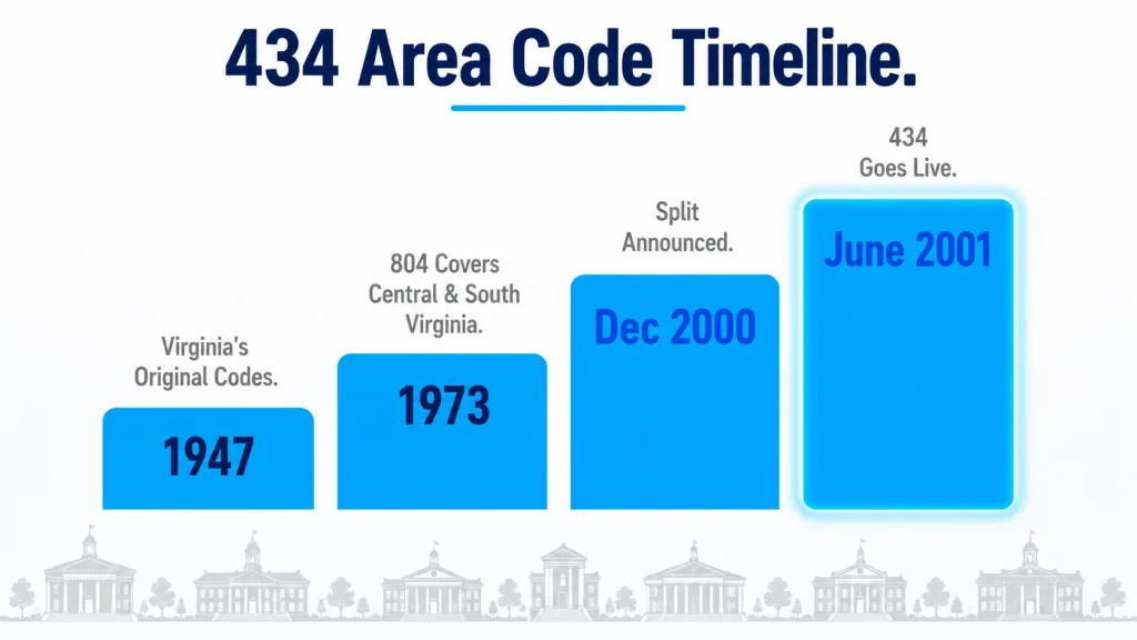White background timeline titled "434 Area Code Timeline" arranged as ascending step blocks of increasing height, each step labeled with a year and milestone: 1947 Virginia's Original Codes, 1973 804 Covers Central/South Virginia, Dec 2000 Split Announced, and June 2001 434 Goes Live
