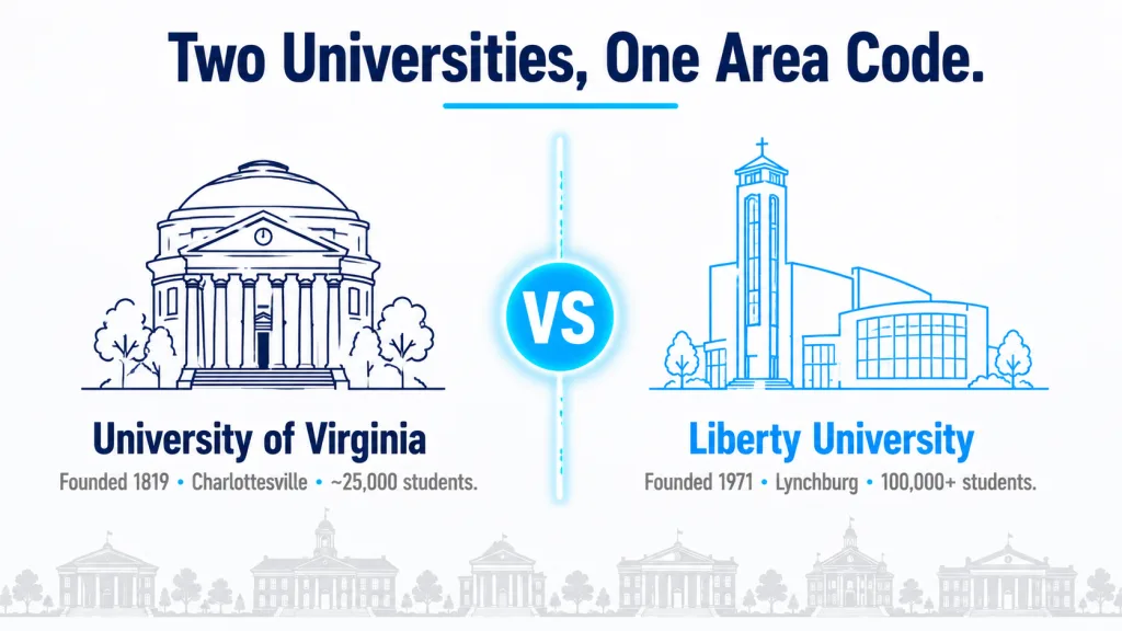 White background split-screen "VS" comparison titled "Two Universities, One Area Code" with the University of Virginia on the left (founded 1819, Charlottesville) and Liberty University on the right (founded 1971, Lynchburg), a bold glowing VS divider in the center, and a stat line beneath each institution