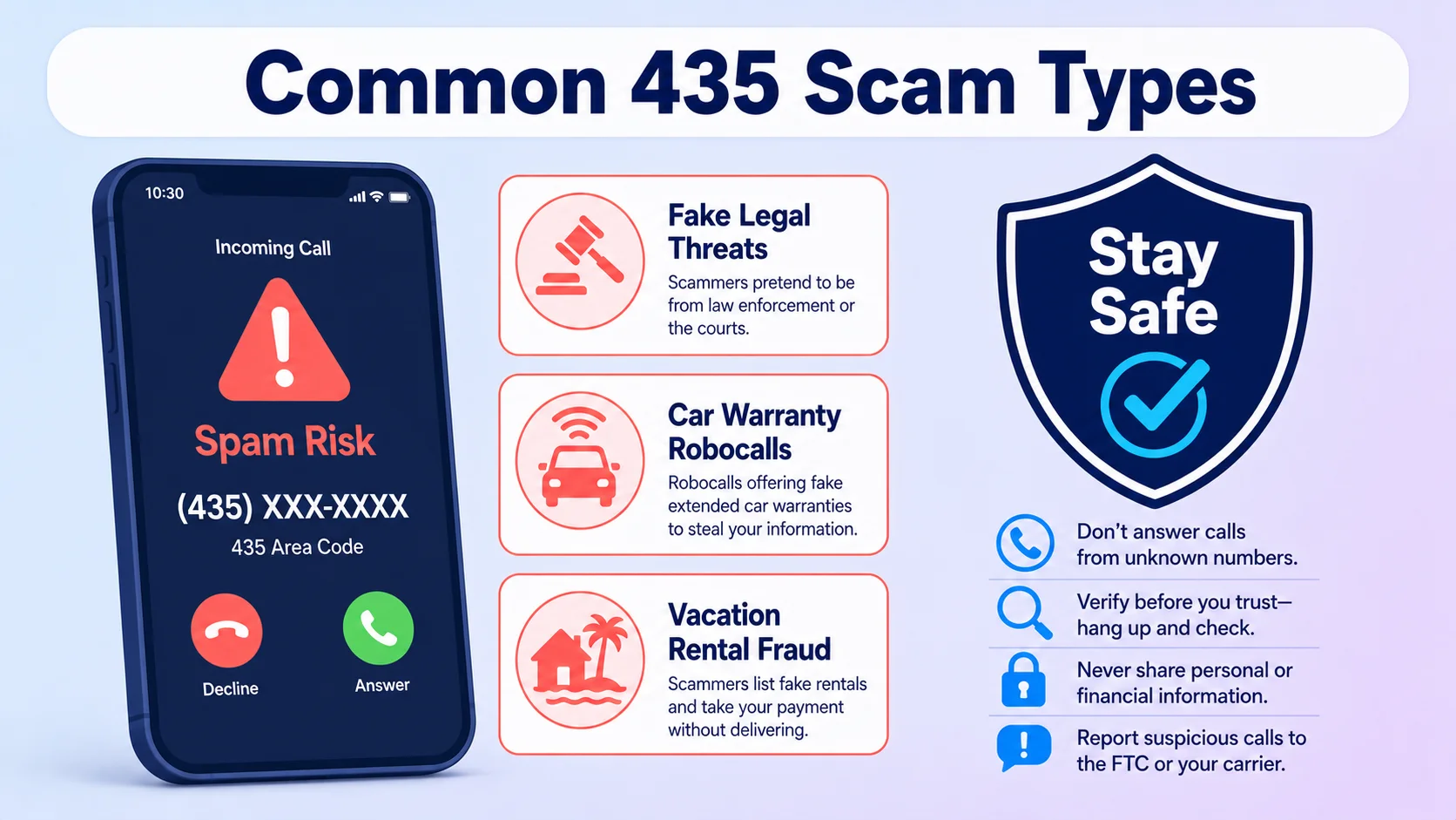 Phone screen showing a Spam Risk warning with coral warning cards for Robocalls, Spoofed Numbers, and Fake Support, plus a navy safety shield on a pale blue infographic