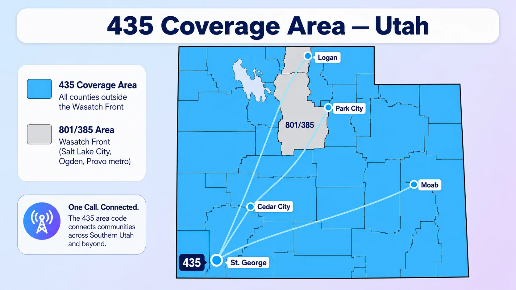 Vector map of Utah with cyan highlighted counties outside the Wasatch Front, cyan dots on St. George, Logan, Cedar City, Park City, and Moab, all state and county borders in black
