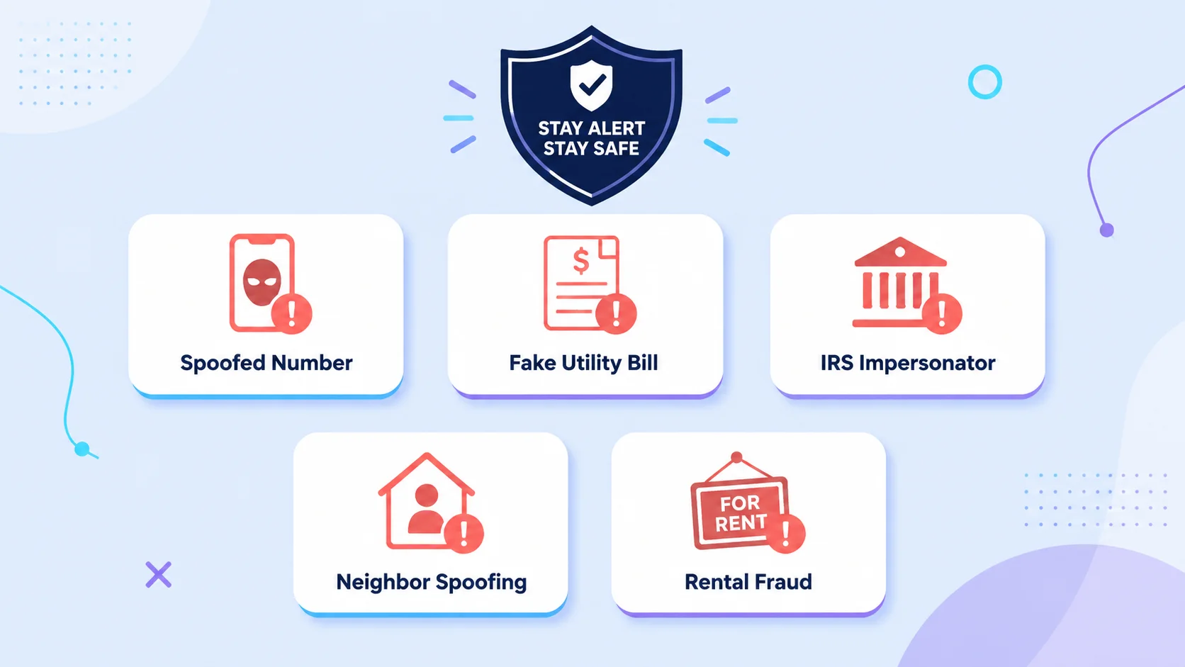 Bold red-and-navy warning poster with five scam red flags listed as alert stamps — spoofed caller ID, fake utility threats, neighbour spoofing, IRS impersonation, and vacation fraud