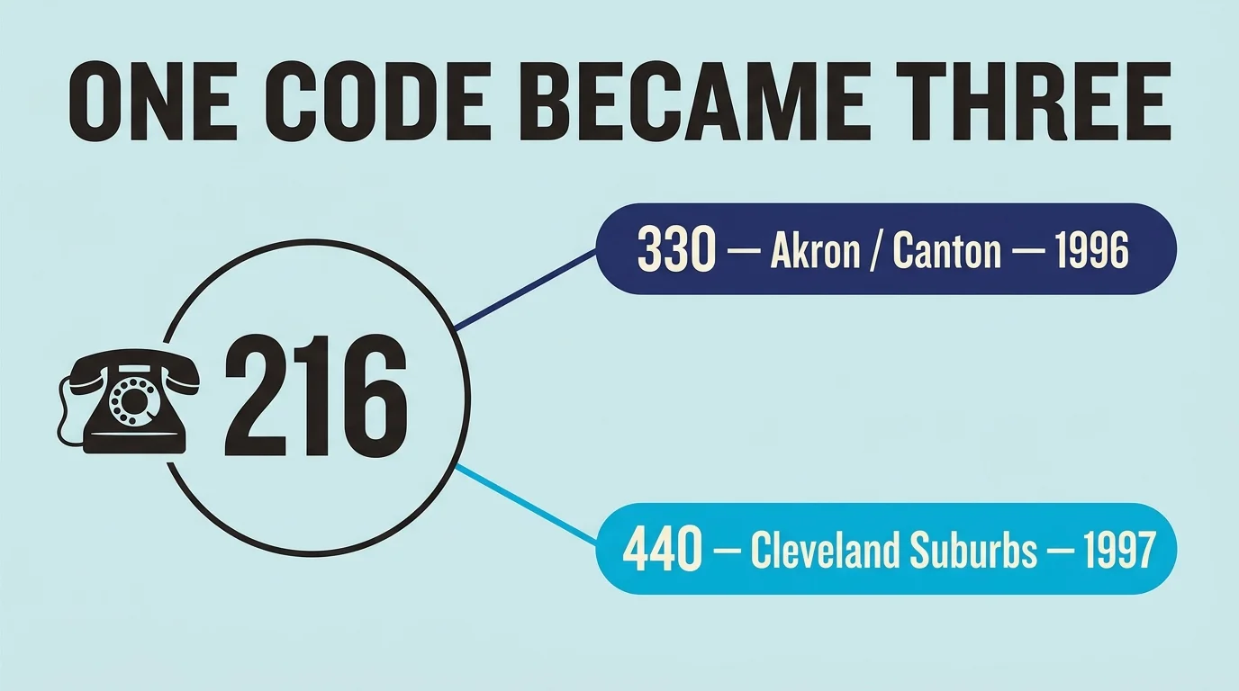 Magazine-style editorial panel split into three sections: left shows 216 vintage phone era, center shows a diagonal split graphic with 330 and 440 branching out, right shows the 1997 activation date in a bold headline format on pale blue background