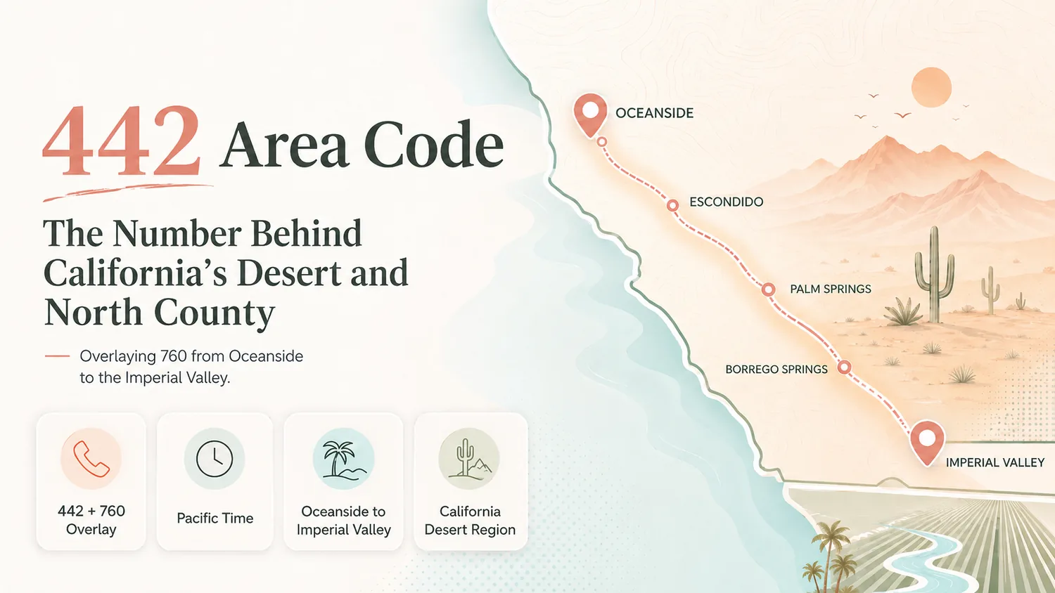 442 Area Code — The Number Behind California's Desert and North County. 442 + 760 Overlay. Pacific Time. Oceanside to Imperial Valley. California Desert Region. Map showing pin markers from Oceanside down through Escondido, Palm Springs, Borrego Springs to Imperial Valley.