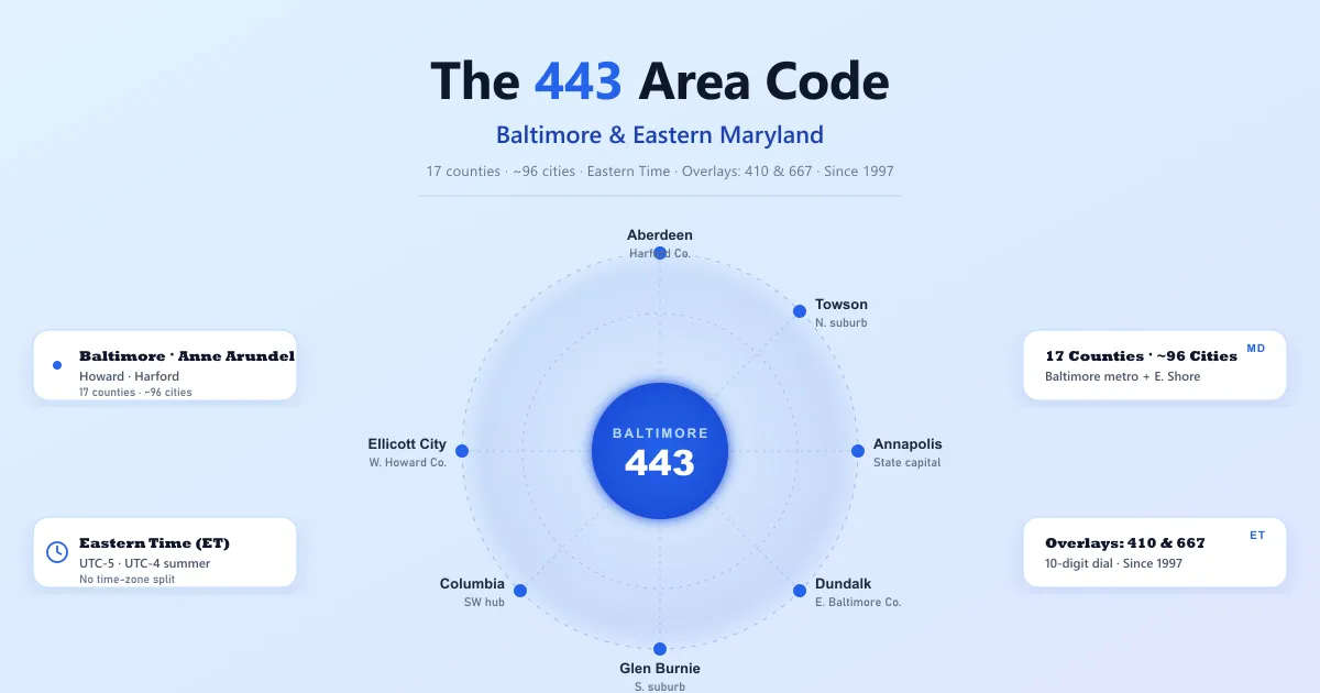 443 area code — Baltimore and eastern Maryland, overlays 410 and 667, Eastern Time