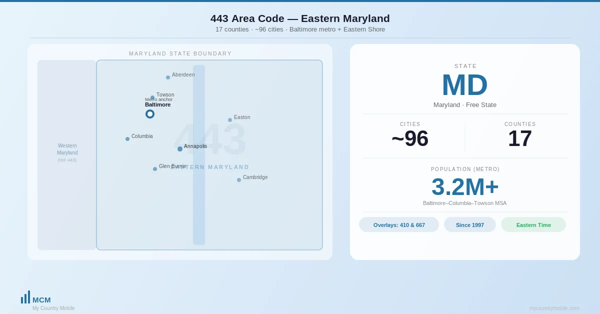 Map of 443 area code across eastern Maryland — Baltimore metro, Annapolis corridor, and the Eastern Shore, with 17 counties shaded