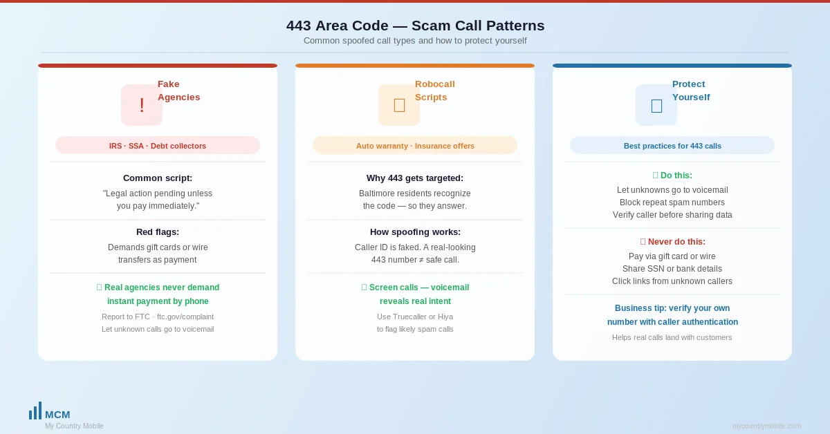 443 scam call patterns — common spoofed call types and how to protect yourself, including never sharing personal data and reporting to the FTC