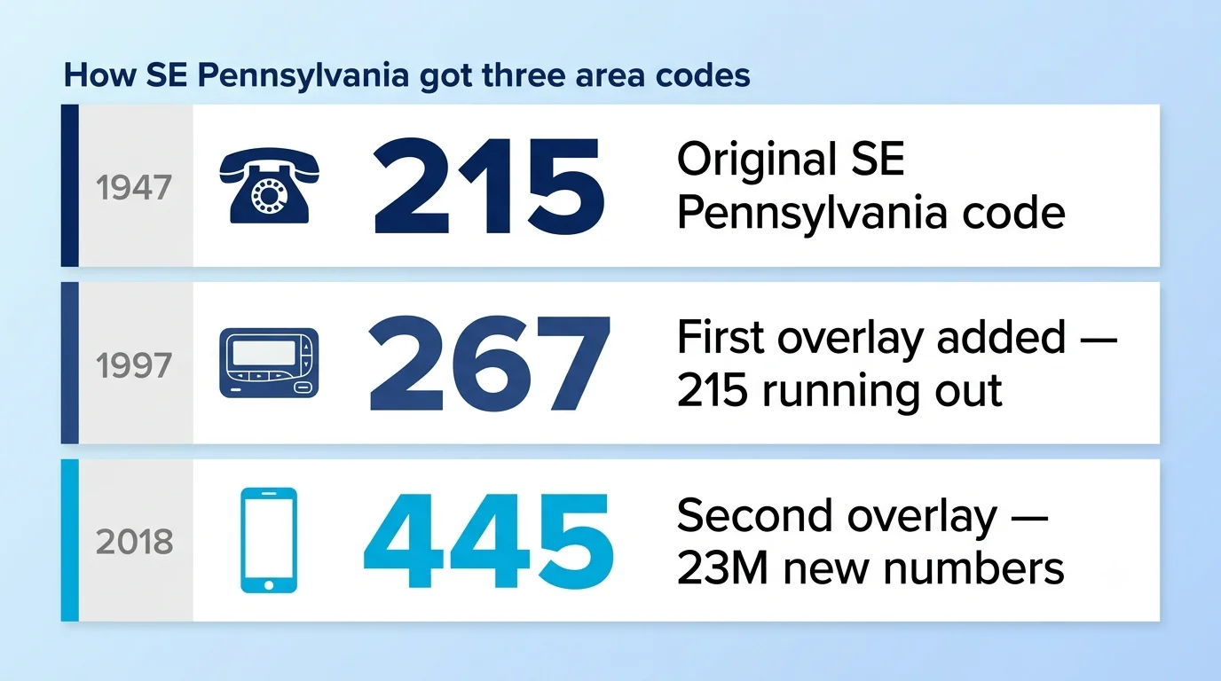Three codes one city infographic on pale blue background showing 215 badge 1947 flowing through timeline arrows to 267 badge 1997 and then to 445 badge 2018 with Philadelphia skyline silhouette and PA PUC approval stamp