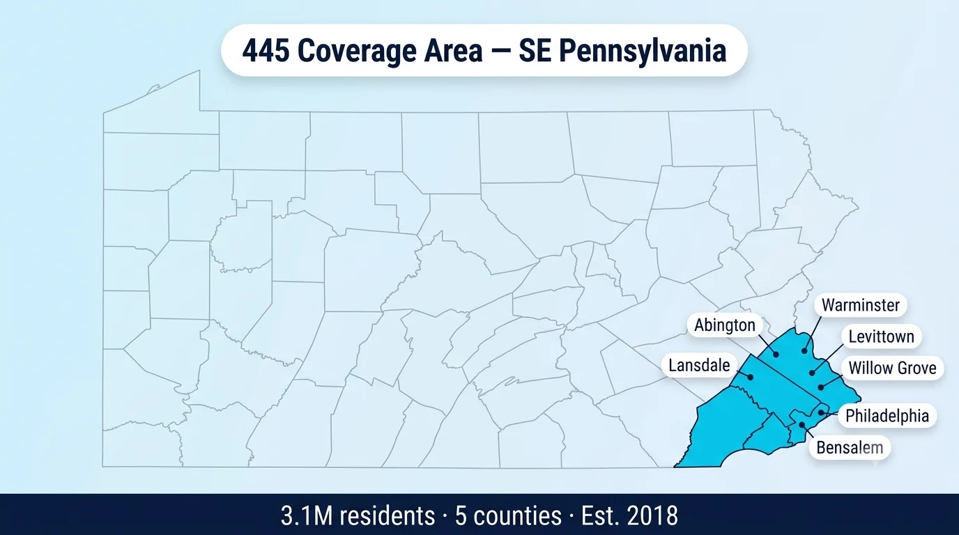 445 Coverage Area Southeast Pennsylvania infographic showing Pennsylvania state map with Philadelphia Bucks and Montgomery counties highlighted in cyan with city pins and legend cards on pale blue background